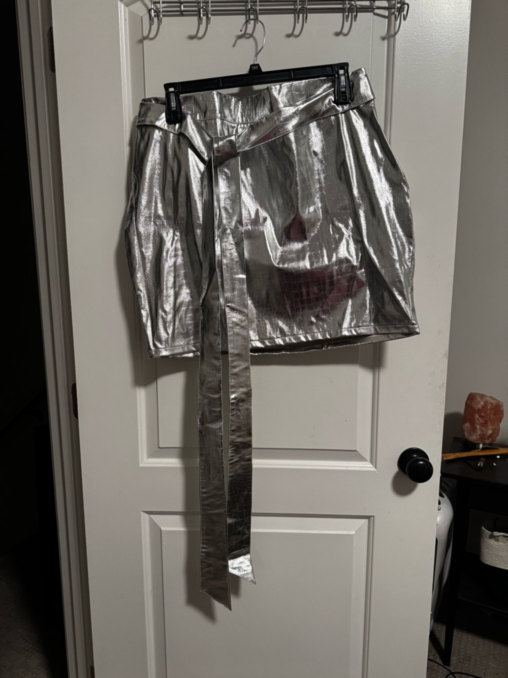 Plus Size Silver Metallic Tie-Waist Mini Skirt - Picture 2 of 5